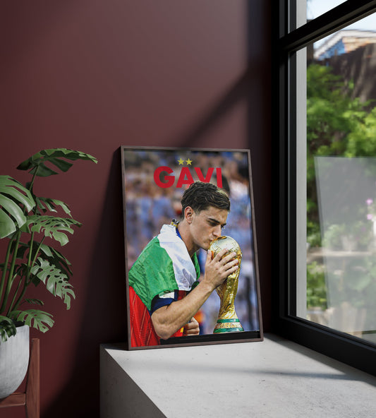 Póster Gavi, España, Selección Española, Mundial, Copa del Mundo, campeones, dos estrellas. Fútbol, futbolista, centrocampista, lámina, cuadro, merchandising, regalo, comprar, decoración de pared.