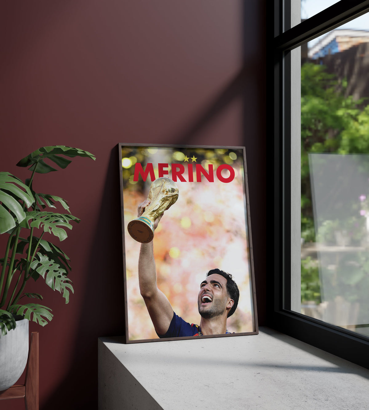 Póster Mikel Merino, España, Selección Española, Mundial, Copa del Mundo, campeones, dos estrellas. Fútbol, futbolista, centrocampista, lámina, cuadro, merchandising, regalo, comprar, decoración de pared.