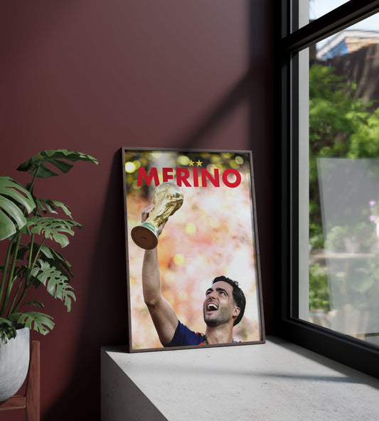 Póster Mikel Merino, España, Selección Española, Mundial, Copa del Mundo, campeones, dos estrellas. Fútbol, futbolista, centrocampista, lámina, cuadro, merchandising, regalo, comprar, decoración de pared.