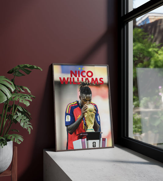 Póster Nico Williams, Athletic Club, España, Selección Española, Mundial, Copa del Mundo, campeones, dos estrellas. Fútbol, futbolista, lámina, cuadro, merchandising, regalo, comprar, decoración de pared.