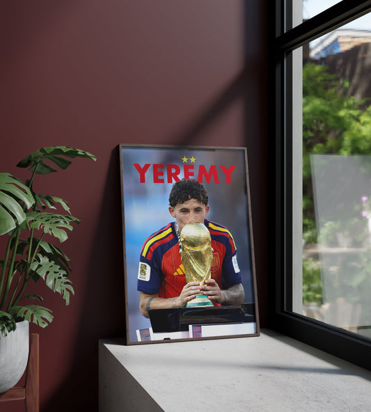 Póster Yeremi Pino, España, Selección Española, Mundial, Copa del Mundo, campeones, dos estrellas. Fútbol, futbolista, extremo, lámina, cuadro, merchandising, regalo, comprar, decoración de pared.