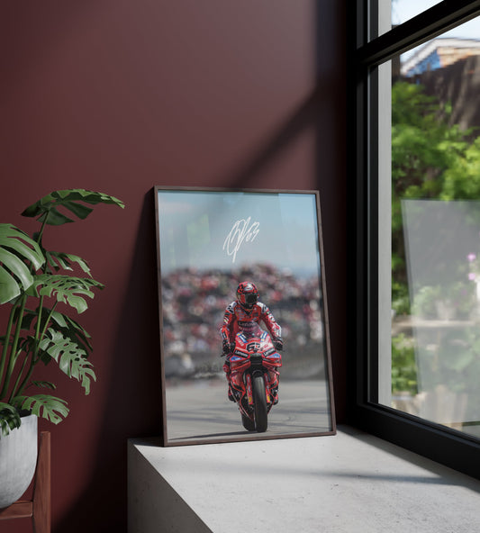 Póster Francesco Bagnaia, firma, autógrafo, Ducati, MotoGP, Italia. Motociclismo, piloto, lámina, cuadro, merchandising, regalo, comprar, decoración de pared.