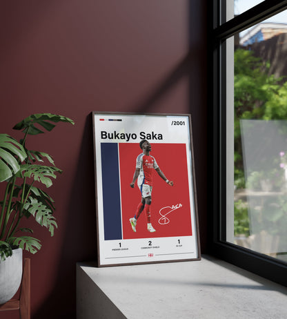 Póster Bukayo Saka, firma, autógrafo, Arsenal, Premier League, Inglaterra, selección inglesa. Fútbol, futbolista, delantero, lámina, cuadro, merchandising, regalo, comprar, decoración de pared.