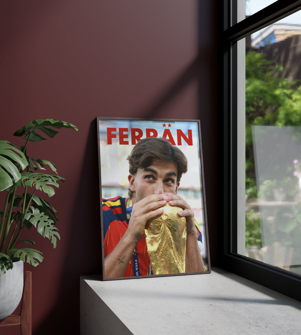 Póster Ferran Torres, España, Mundial, dos estrellas, campeones, PSG, Selección Española, gol final. Fútbol, futbolista, lámina, cuadro, merchandising, regalo, comprar, decoración de pared.