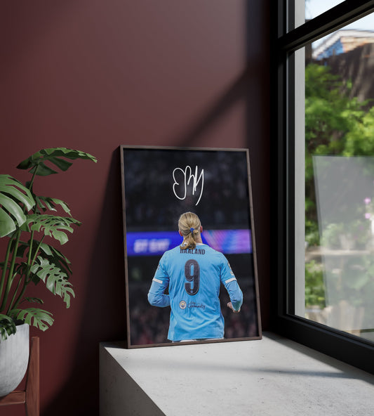 Póster Erling Haaland, firma, autógrafo, Manchester City, Noruega. Fútbol, futbolista, delantero, lámina, cuadro, merchandising, regalo, comprar, decoración de pared.