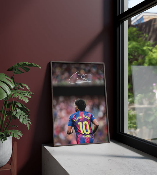 Póster Lamine Yamal, firma, autógrafo, FC Barcelona, España. Fútbol, futbolista, delantero, lámina, cuadro, merchandising, regalo, comprar, decoración de pared.