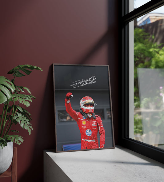 Póster Charles Leclerc, firma, autógrafo, Fórmula 1, Ferrari, Mónaco. Automovilismo, piloto, lámina, cuadro, merchandising, regalo, comprar, decoración de pared.