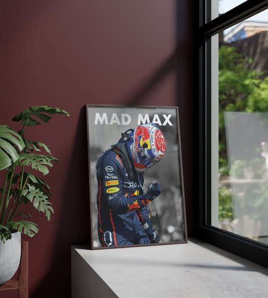 Póster Max Verstappen, Mad Max, Fórmula 1, Red Bull Racing, Países Bajos. Automovilismo, piloto, lámina, cuadro, merchandising, regalo, comprar, decoración de pared.