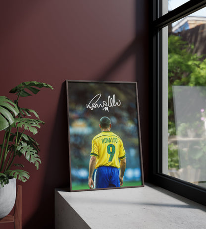 Póster Ronaldo Nazário, firma, autógrafo, Brasil. Fútbol, futbolista, delantero, leyenda, lámina, cuadro, merchandising, regalo, comprar, decoración de pared.