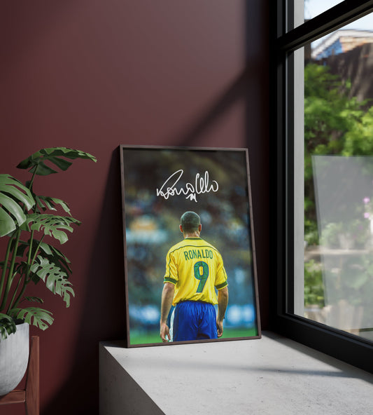 Póster Ronaldo Nazário, firma, autógrafo, Brasil. Fútbol, futbolista, delantero, leyenda, lámina, cuadro, merchandising, regalo, comprar, decoración de pared.