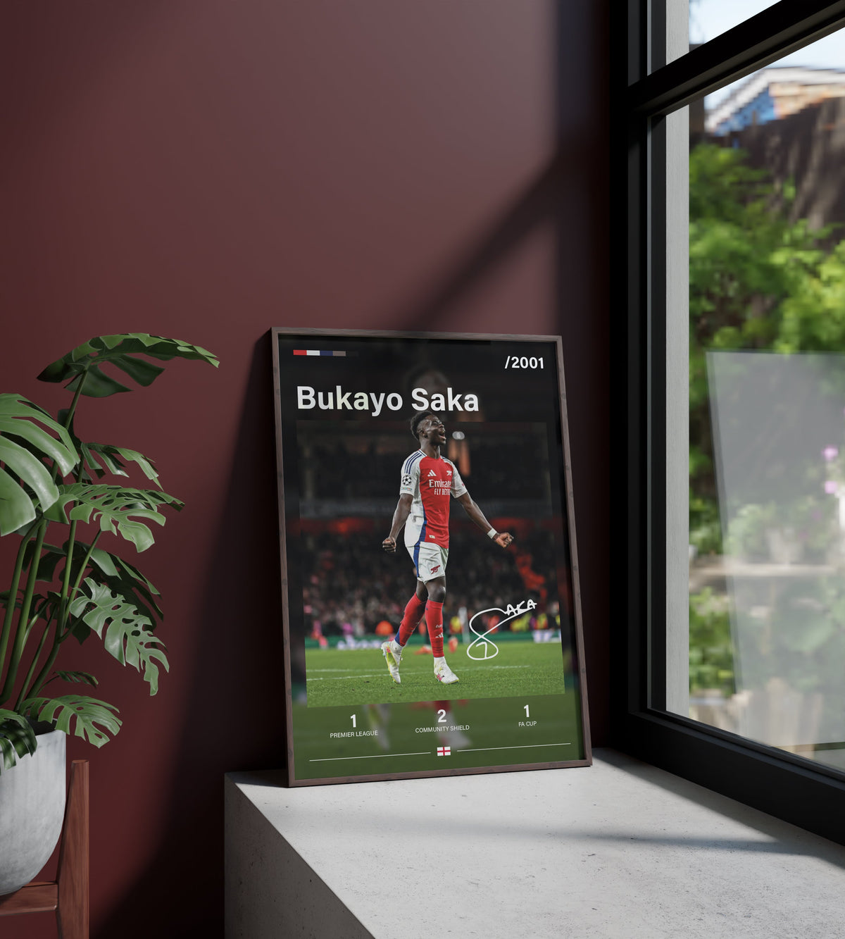Póster Bukayo Saka, firma, autógrafo, Arsenal, Premier League, Inglaterra, selección inglesa. Fútbol, futbolista, delantero, lámina, cuadro, merchandising, regalo, comprar, decoración de pared.