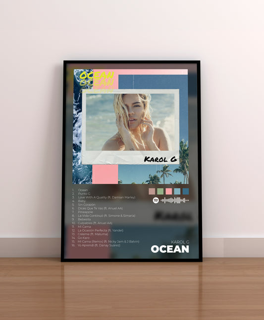 karol g. ocean. poster. lamina. cuadro. regalo. comprar. merchandising. cd. vinilo. cover. portada