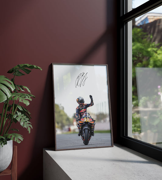 Póster Pedro Acosta, firma, autógrafo, MotoGP, KTM, España. Motociclismo, piloto, lámina, cuadro, merchandising, regalo, comprar, decoración de pared.