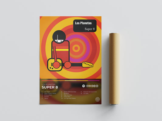super 8. los planetas. poster. indie. regalo. musica. cuadro. lamina. diseño. nuevo disco. cd. vinilo. merchandising.