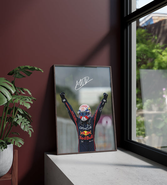 Póster Max Verstappen, firma, autógrafo, Fórmula 1, Red Bull Racing, Países Bajos. Automovilismo, piloto, lámina, cuadro, merchandising, regalo, comprar, decoración de pared.